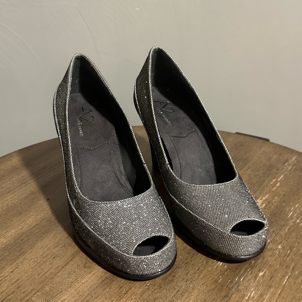A2 By Aerosoles Glittering Gray Peep-Toe Heels